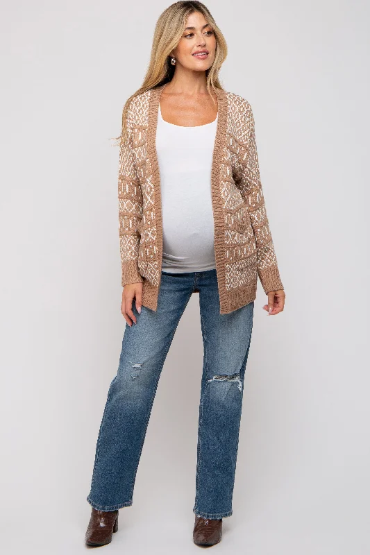 Beige Pattern Knit Maternity Cardigan