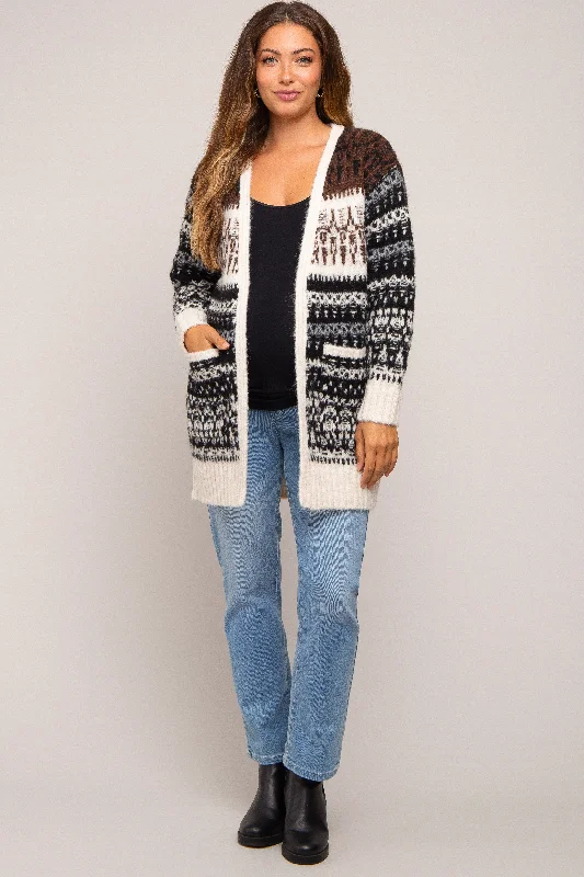 Black Pattern Fuzzy Knit Maternity Cardigan