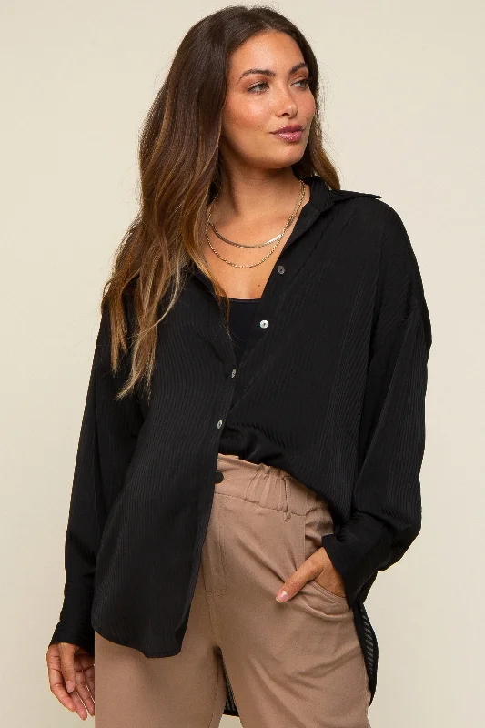 Black Striped Silky Maternity Button Down Blouse