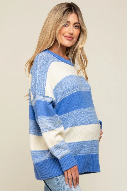 Blue Brushed Striped Maternity Sweater