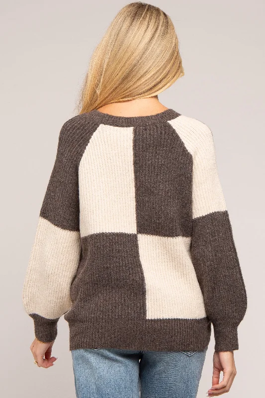 Brown Checkered Long Sleeve Maternity Sweater