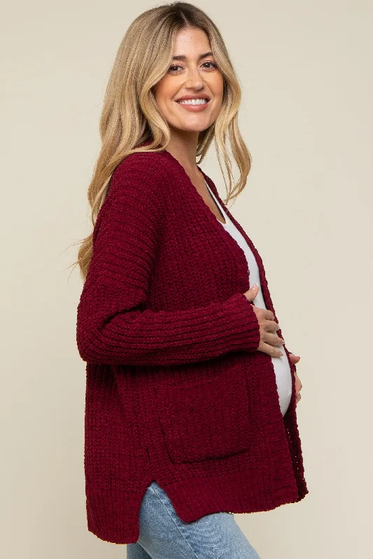 Burgundy Brushed Chenille Knit Maternity Cardigan