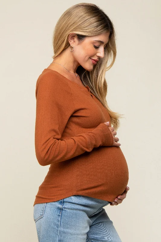 Camel Long Sleeve V-Neck Maternity Top