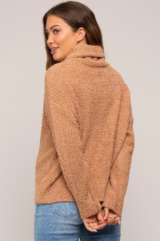 Camel Ribbed Boucle Knit Turtleneck Maternity Sweater