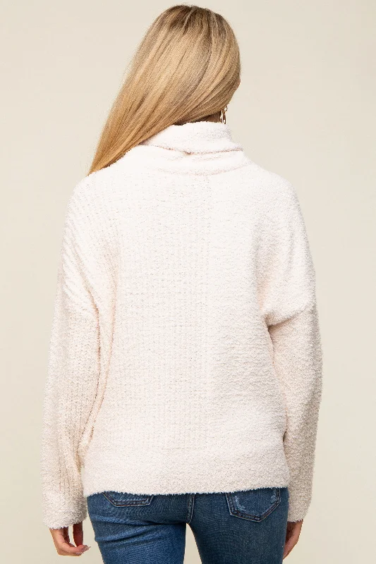 Cream Ribbed Boucle Knit Turtleneck Maternity Sweater