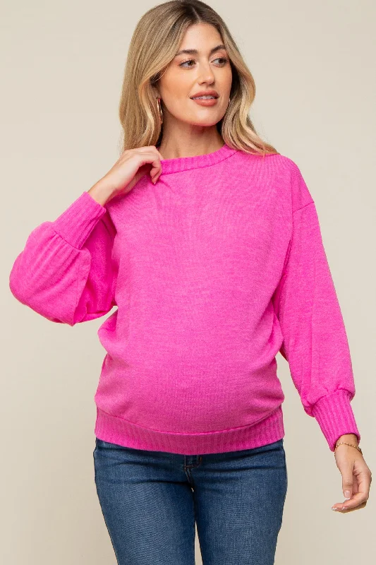 Fuchsia Balloon Sleeve Ribbed Hem Maternity Sweater