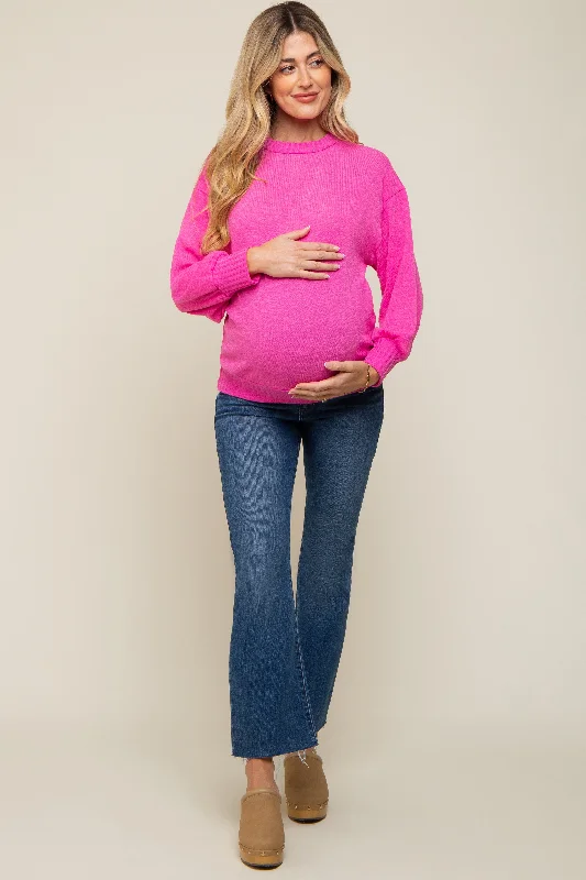 Fuchsia Balloon Sleeve Ribbed Hem Maternity Sweater