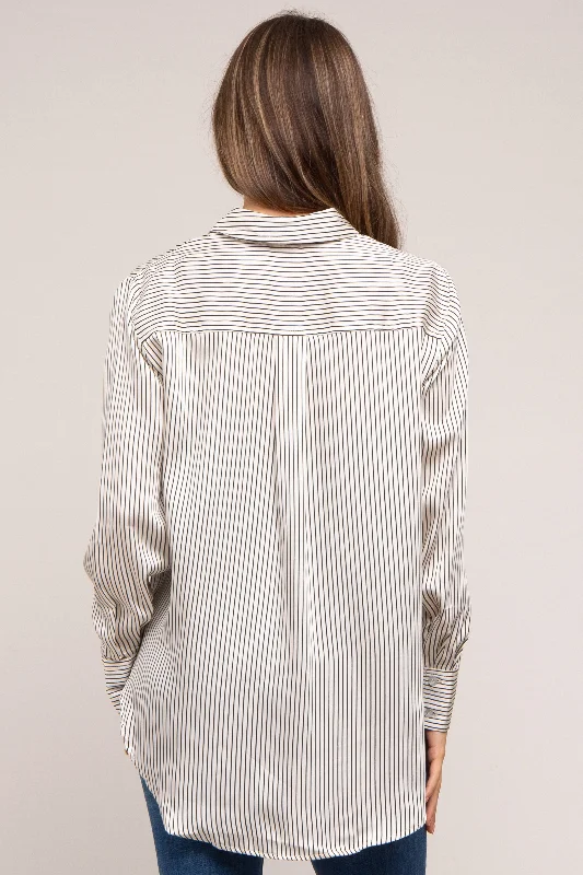 Ivory Striped Satin Maternity Button Up Top