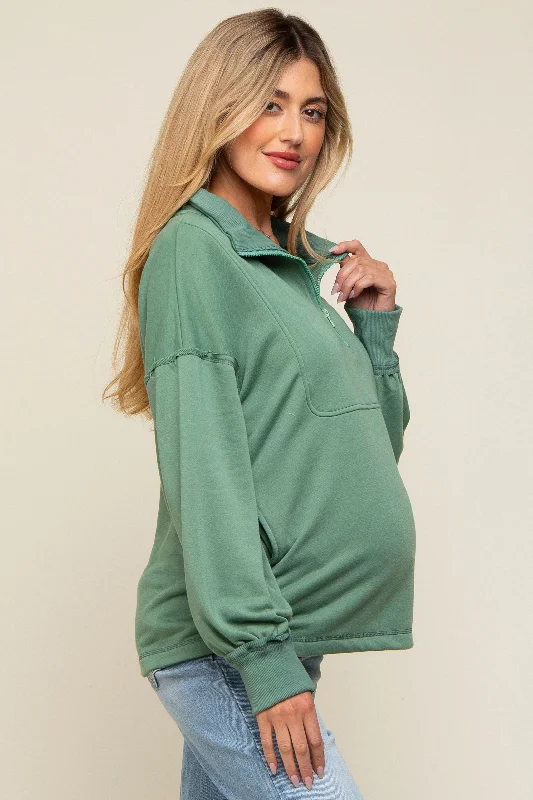 Light Olive Half Zip Maternity Pullover Top