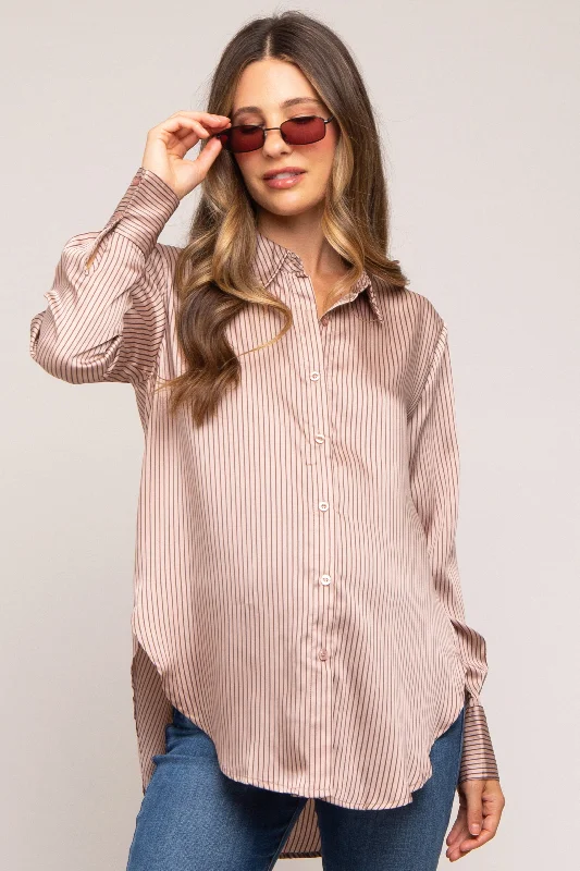 Mauve Striped Satin Maternity Button Up Top