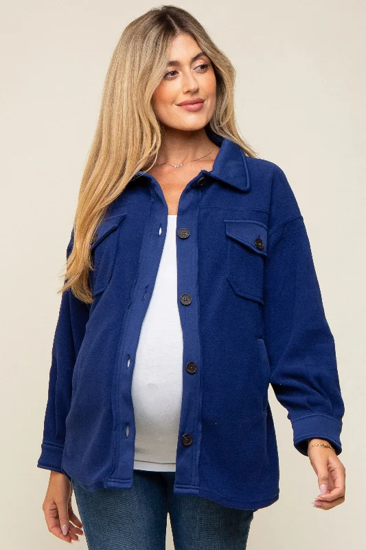 Navy Blue Fleece Double Front Pocket Maternity Jacket