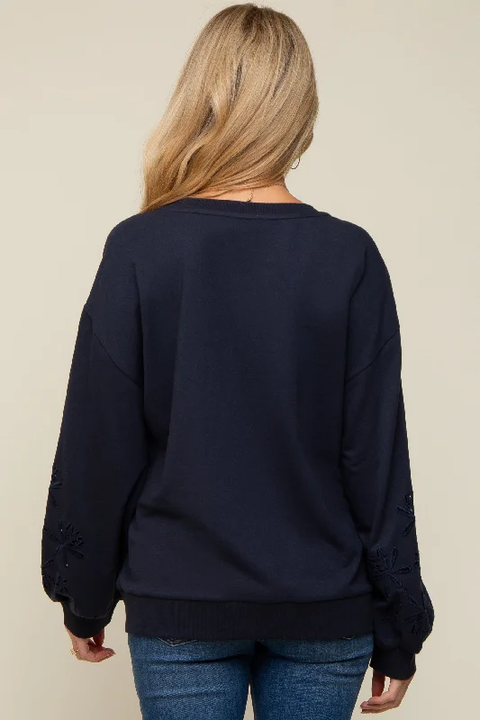 Navy Embroidered Long Sleeve Maternity Top