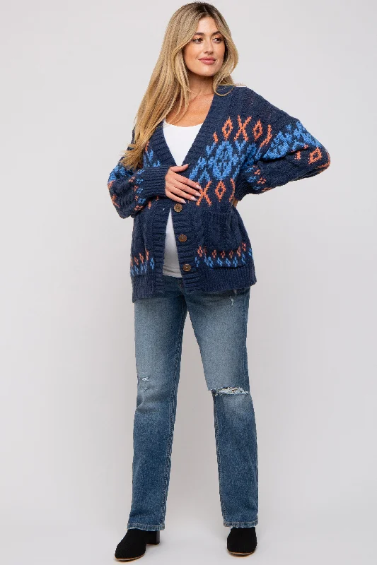 Navy Printed Chunky Cable Knit Maternity Cardigan