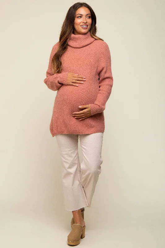 Rust Ribbed Turtleneck Maternity Sweater