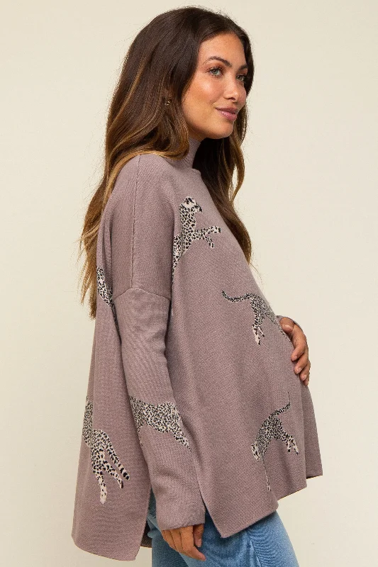 Taupe Animal Print Side Slit Maternity Sweater