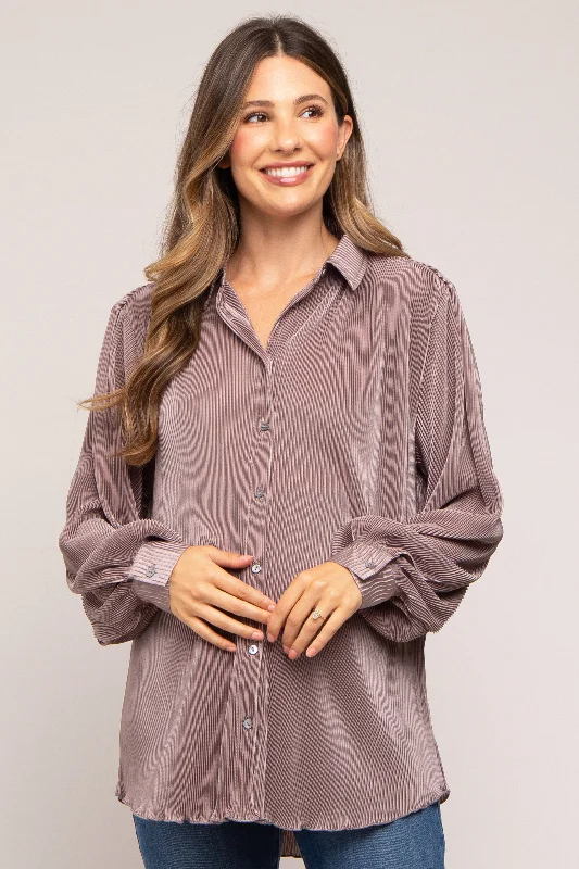 Taupe Plisse Button Up Long Sleeve Maternity Top