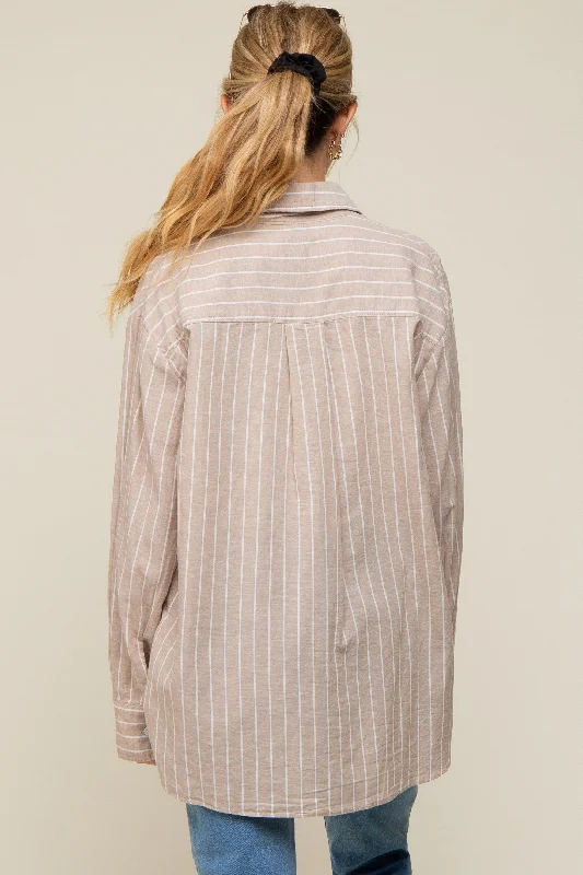 Beige Striped Button Up Long Sleeve Linen Maternity Top