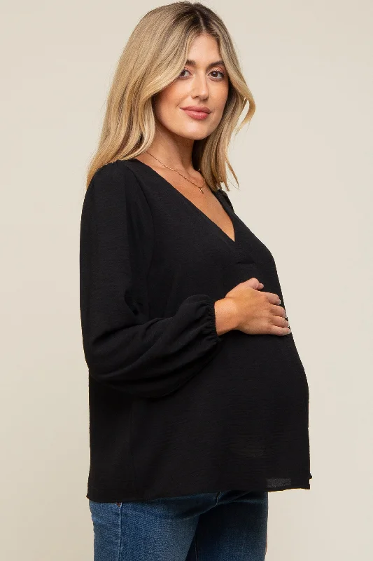 Black Long Puff Sleeve Maternity Blouse Top