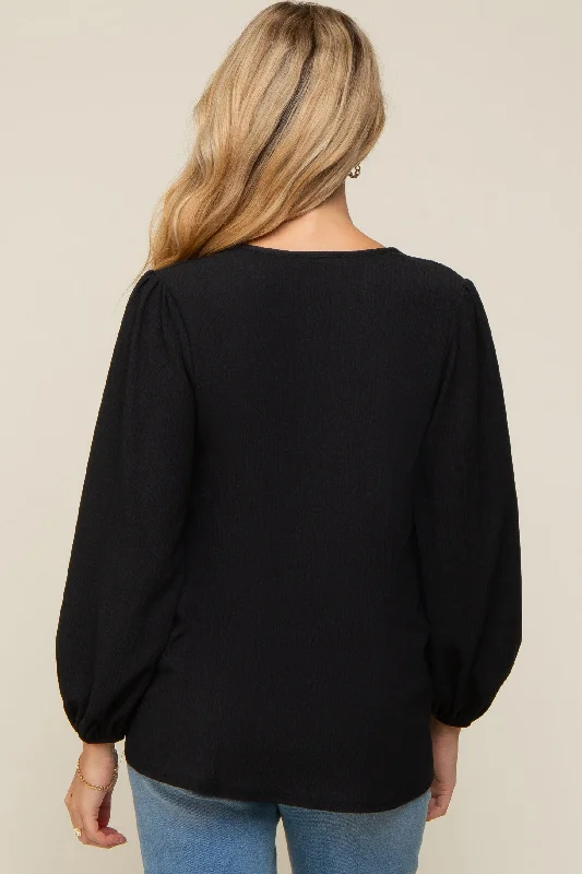 Black Textured Long Sleeve Maternity Blouse