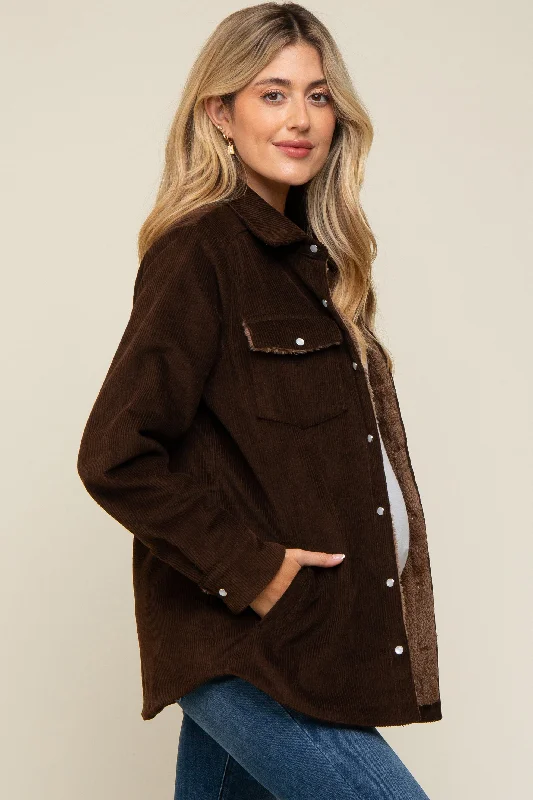 Brown Corduroy Sherpa Lined Maternity Shacket