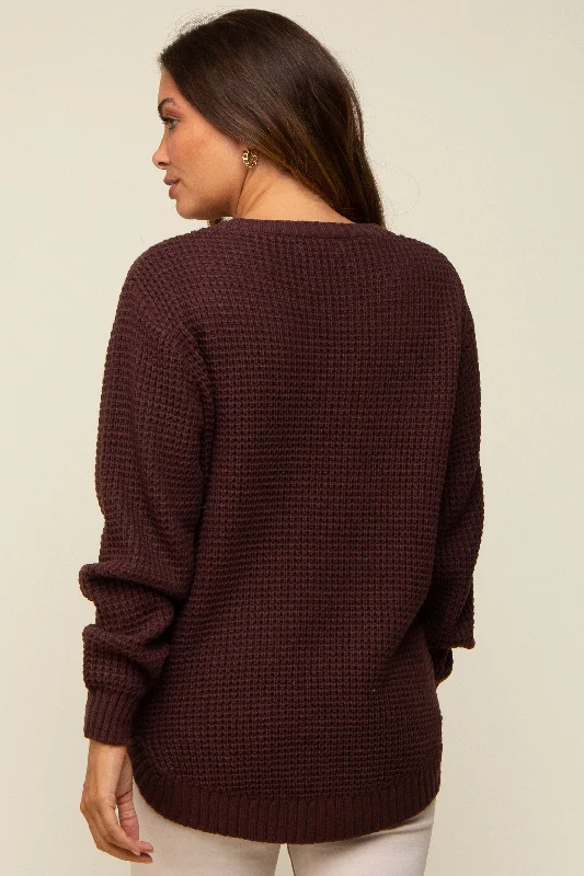 Brown Waffle Knit Round Hem Maternity Sweater