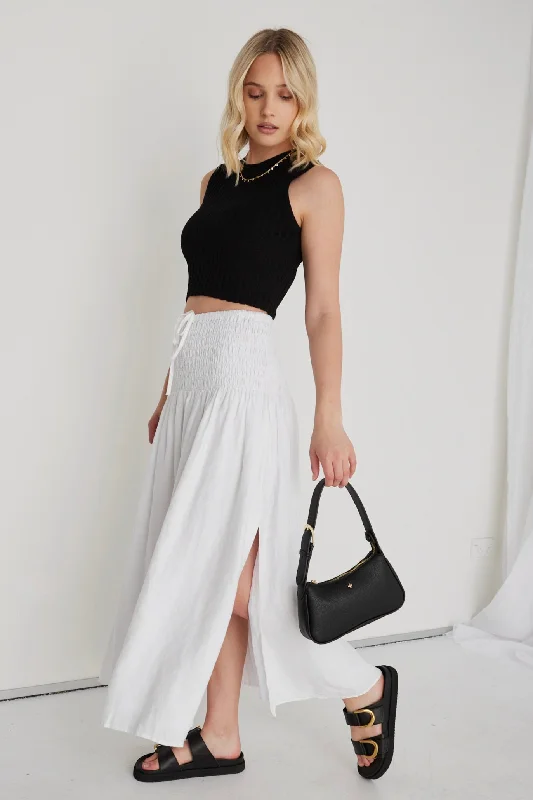 Byron White Linen Shirred Waist Maxi Skirt