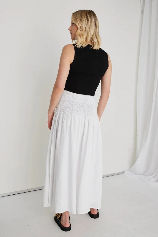 Byron White Linen Shirred Waist Maxi Skirt