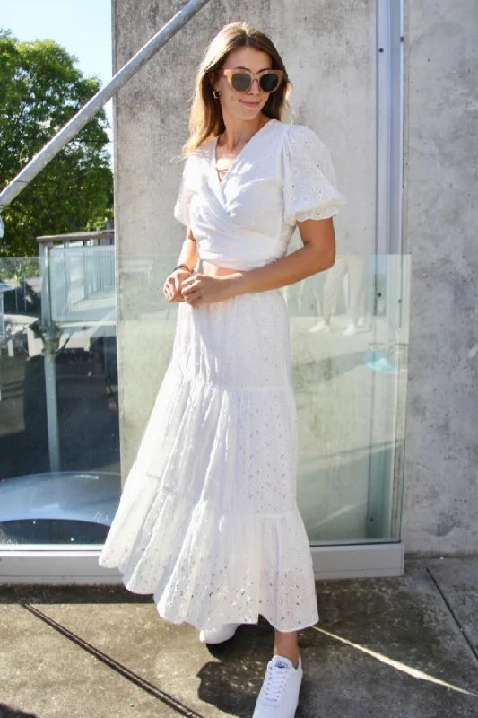 California White Embroidery Anglaise Shirred Waist Tiered Maxi Skirt