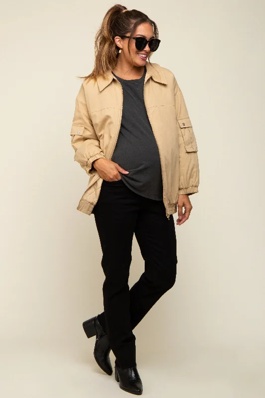 Camel Zip Up Bomber Maternity Jacket