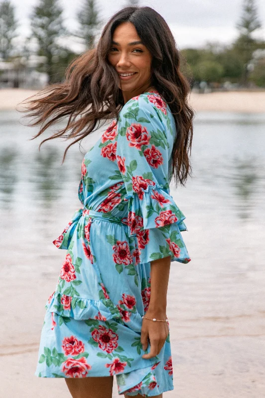 Cassatt Wrap Mini Dress - Blue Floral