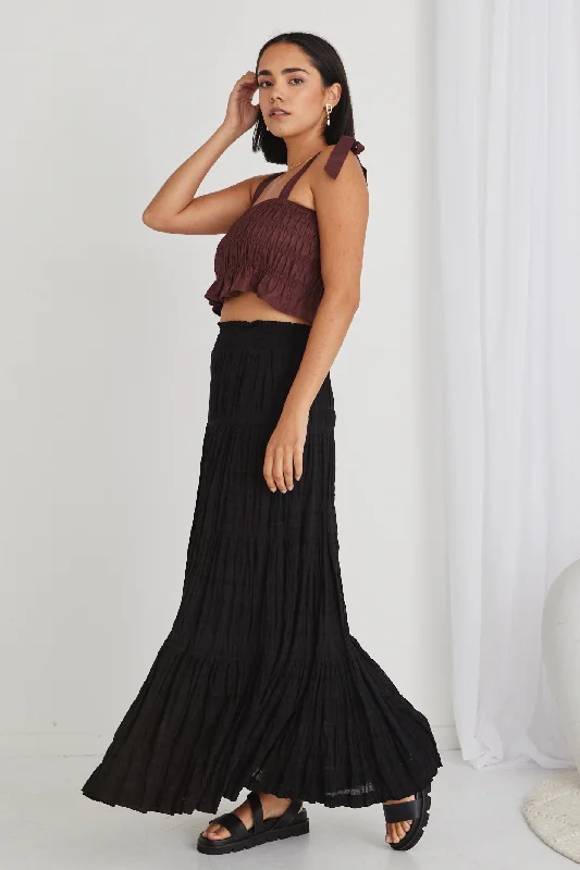 Charming Black Shirred Cotton Tiered Maxi Skirt