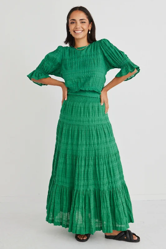 Charming Palm Green Shirred Cotton Tiered Maxi Skirt