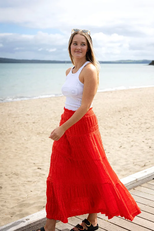 Charming Sunset Shirred Cotton Tiered Maxi Skirt