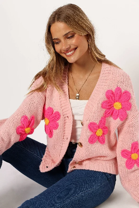 Clementine Flower Embroidered Open Front Cardigan - Pink