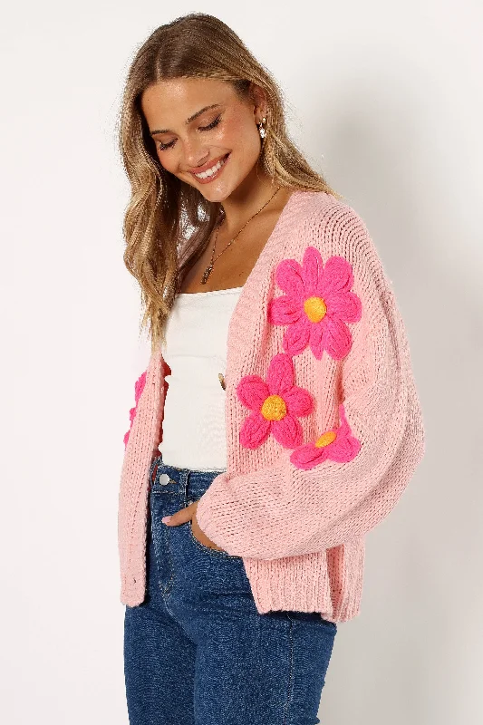 Clementine Flower Embroidered Open Front Cardigan - Pink