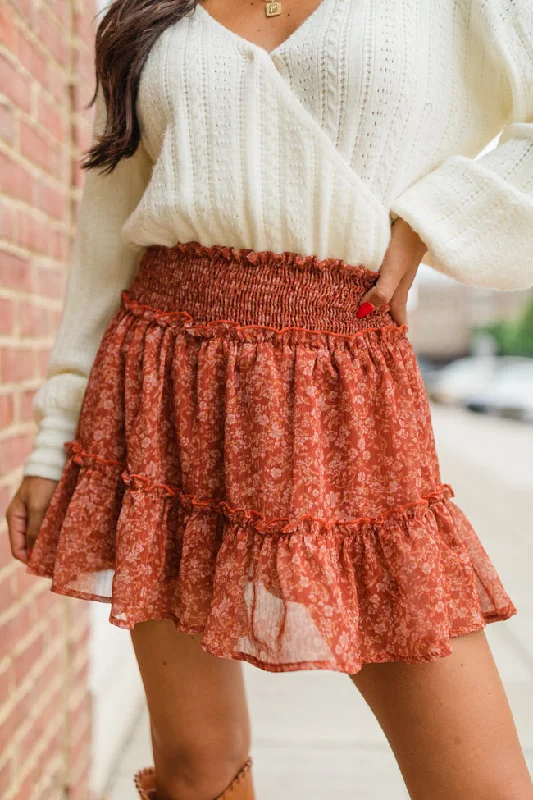 Couldn't Be Better Rust Multi Smocked Waist Floral Skirt