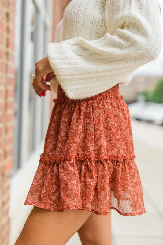 Couldn't Be Better Rust Multi Smocked Waist Floral Skirt