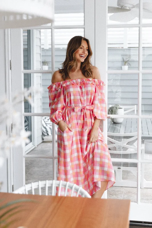 Georgia Off Shoulder Midi Dress - Pink Gingham