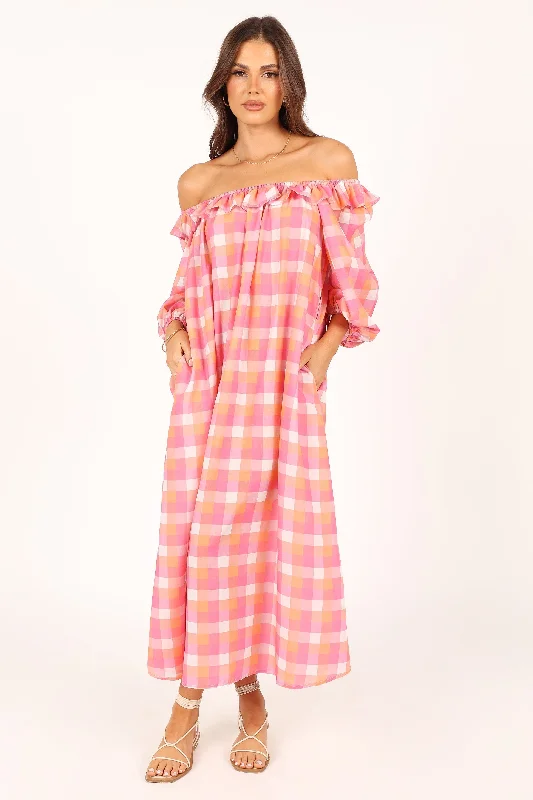 Georgia Off Shoulder Midi Dress - Pink Gingham