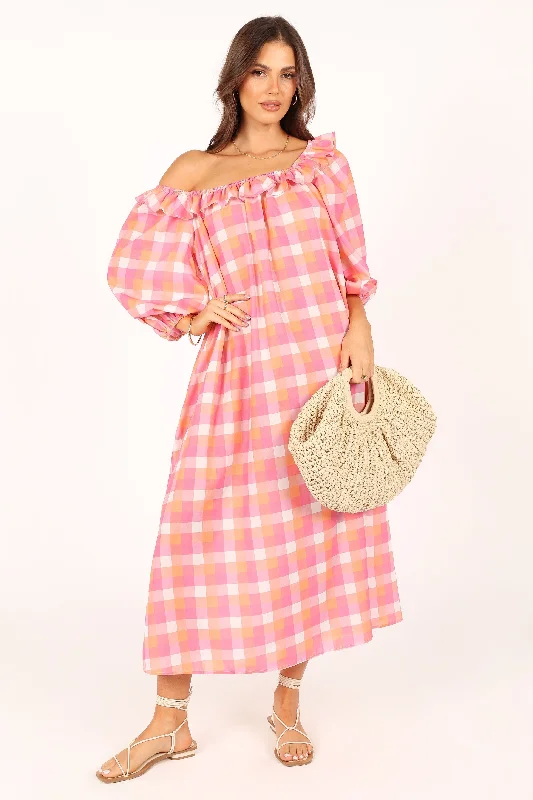 Georgia Off Shoulder Midi Dress - Pink Gingham