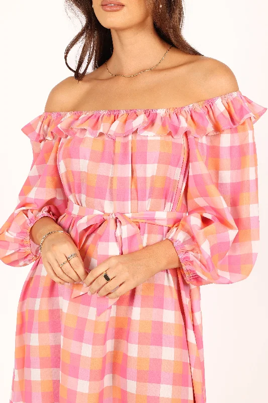 Georgia Off Shoulder Midi Dress - Pink Gingham