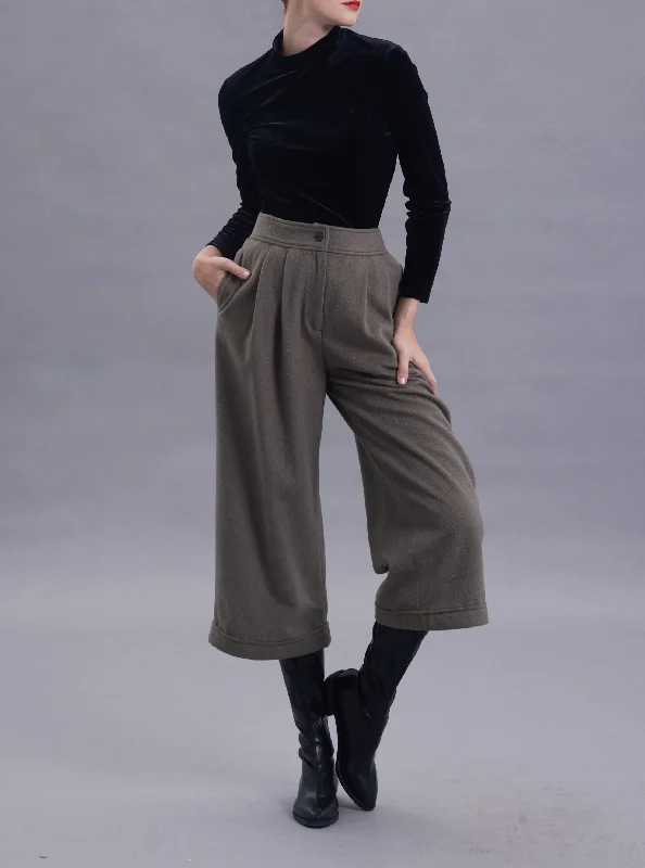 Gina Sage Green Wool Wide-legged Cropped Pants