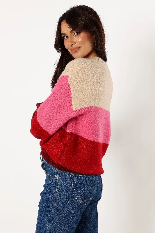 Giovanna Crewneck Multi Stripe Knit Sweater - Berry