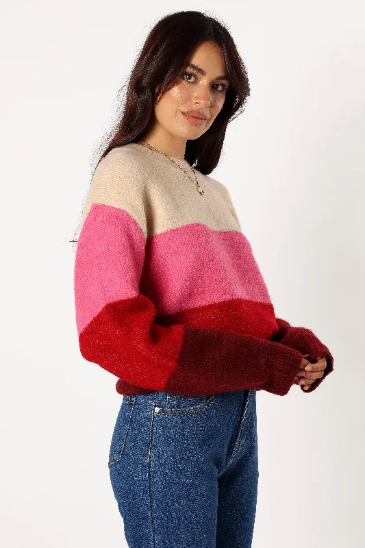 Giovanna Crewneck Multi Stripe Knit Sweater - Berry