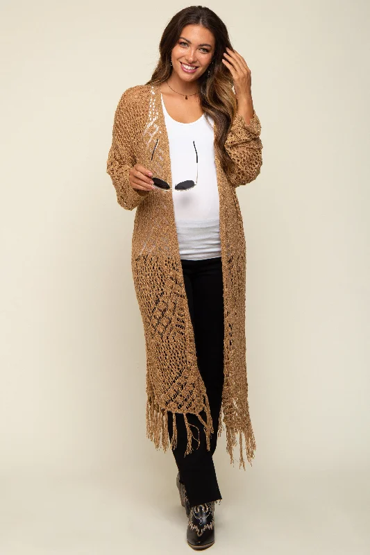 Gold Crochet Fringe Hem Maternity Cardigan