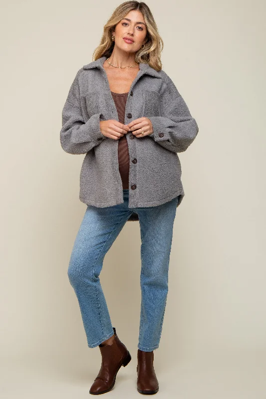 Grey Colorblock Fleece Maternity Shirt Jacket