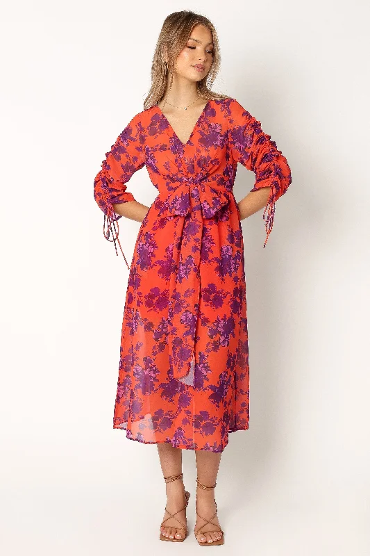 Hallie Midi Floral Dress - Red Wine