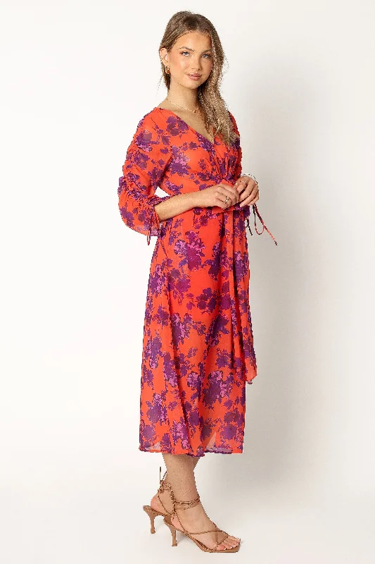 Hallie Midi Floral Dress - Red Wine