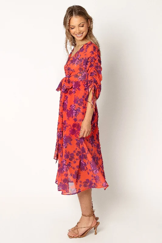 Hallie Midi Floral Dress - Red Wine