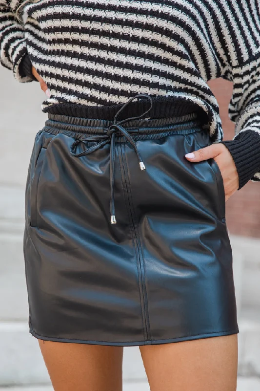 Just For Now Black Drawstring Faux Leather Skort